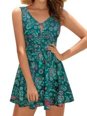 Women's Swim Dress One Piece Swimsuit Hollow Out Swimwear Padded Sexy V Neck Swimming Costume with Boyshort, Dark Green, XXL Women's Swim Dress One Piece Swimsuit Hollow Out Swimwear Padded Sexy V Neck Swimming Costume with Boyshort, Dark Green, XXL
