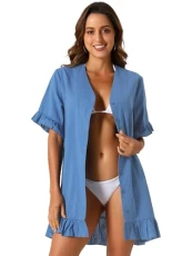 Women's Swimsuit Beach Bikini 2023 Cotton Button Front Ruffle Hem Shirt Dress Cover Up Blue XS