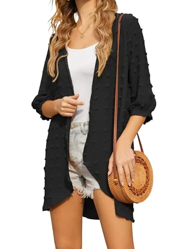 Women's Swimsuit Cover Up Beach Dress Kimono 3/4 Sleeve Swiss Dot Cardigan Elegant Cardigan Beachwear Black M