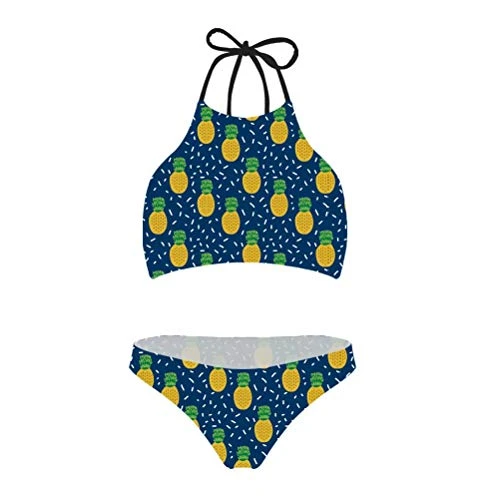 Women's Swimwear High Waisted Cheeky Bikini Set Two Piece Swimsuits Hawaiian Beachwear Pineapple Blue