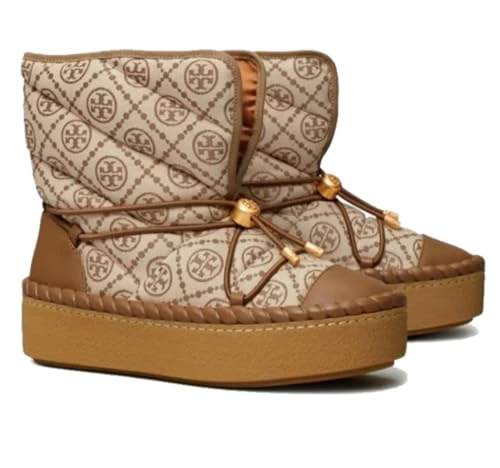 Women's T Monogram Sleeping Bag Boots in Jacquard Leather - Hazel Logo Jacquard/Caballo Brown, Hazel