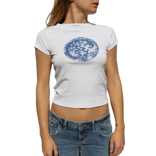 Women's T-Shirt Baby Tee Ladies Basic Short Sleeve Graphic Tshirt Summer Crop Top Outfit Y2K Aesthetic Clothes Streetwear (White 32 - Ball, S)
