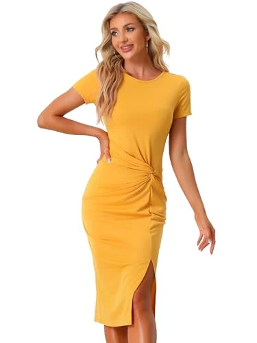 Women's T-Shirt Dress Twisted Front Sheath Dresses Round Neck Short Sleeve Twist with Slit Wrap Dres