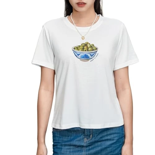 Women's T-Shirt Ladies Basic Short Sleeve Graphic Tshirt Summer Crop Top Y2K Aesthetic Clothes Outfit Baby Tee Skims Dupe Streetwear (D White - Olive, S)