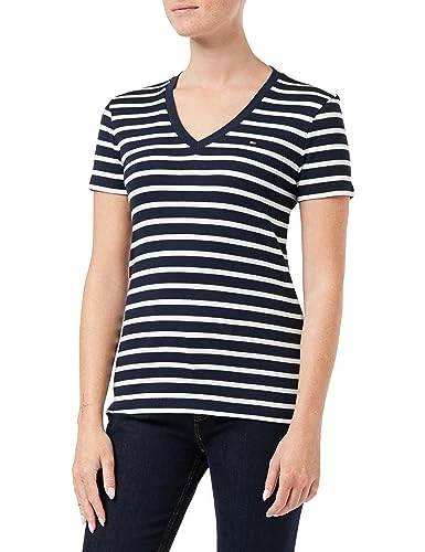 Women's T-Shirt Short-Sleeve Slim Cody Rib V-Neck, Multicolor (Breton Desert Sky/Ecru), S