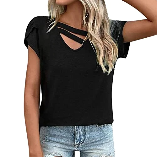 Women's T-Shirt with Wrap Look, Women's T-Shirt with Bow, Women's T-Shirt with Embroidery Motifs, Women's T-Shirt with Graphic Print, Women's T-Shirt with Animal Print, black, XL