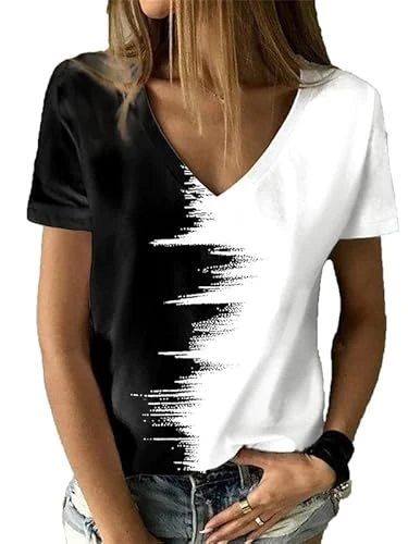 Women's T-Shirt Women V Neck Short Sleeve Pullover T Shirt Ladies Summer T Shirts Fashion Casual T-Shirts White