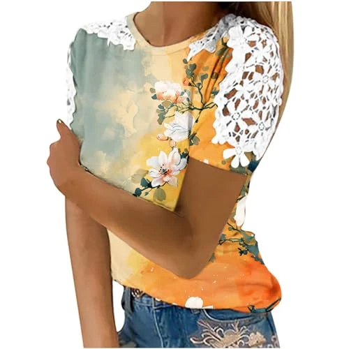 Women's T Shirts Lace Short Sleeve Tops Shirt Vintage Floral Printed Tshirts Loose Casual Blouses Dressy Tunic Tees Ladies Top Crew Neck Hollow Summer T-Shirts Clearance