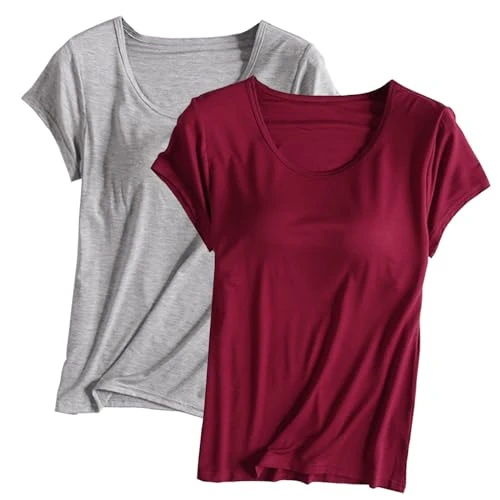 Womens T Shirts Multipack 2 Pcs Ladies Built in Bra Tops Yoga Tops for Women UK Clearance Solid T-Shirts Summer Pullover Tshirts Loose Fit Plus Size Tops for Women 8-20 UK