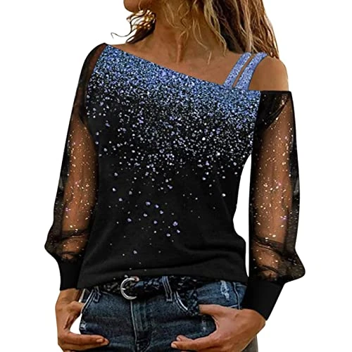 Women's T-Shirts One Shoulder Blouses Gradient Colour Glitter Tops for Women UK Mesh Long Sleeve Sweatshirts Breathable Tops Slim Fit Tee Party Shirts Fashion Shinny Shirts Fashion Loungewear Blue