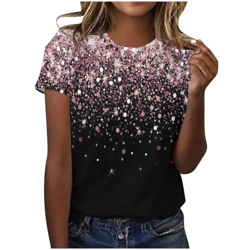 Women's T-Shirts Round Neck Short Sleeve Top Sequin Printed Tops for Women UK Summer Cotton Tees Funny Tshirts Slim Elegant Tunic Blouses Trendy Party Club Shirts UK Size 8-16