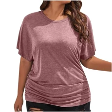 Womens T Shirts Ruched Long Tunic Tops Plain Casual T-Shirt Crewneck Short Sleeve Summer Shirts Elegant Pullover Blouse Ladies Dressy Blouses Cotton Stretch Tshirts UK 8-18 Sale