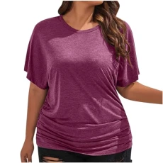 Womens T Shirts Ruched Long Tunic Tops Plain Casual T-Shirt Crewneck Short Sleeve Summer Shirts Elegant Pullover Blouse Ladies Dressy Blouses Cotton Stretch Tshirts UK 8-18 Sale