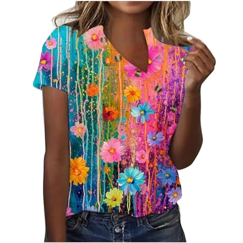 Womens T Shirts Short Sleeve V Neck Button Tops Gradient Print Basic Tshirts Summer Casual Tunic Top Ladies Plus Size T-Shirts Baggy Pullover Tee Holiday Work Blouses