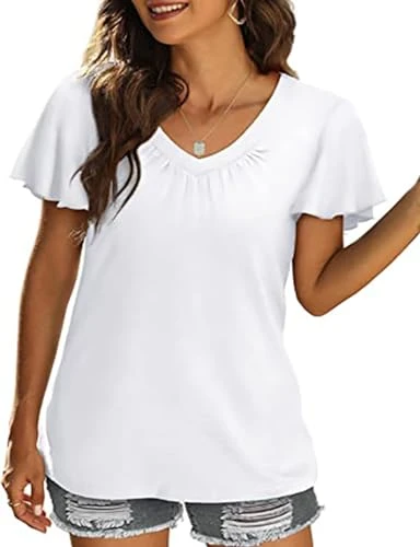 Womens T Shirts, White Tops for Women UK V Neck Tops for Women Casual Flowy Ruffle Short Sleeve T Shirts Womens Going Out Tops Womens Solid Tops Loose Fitted Tee