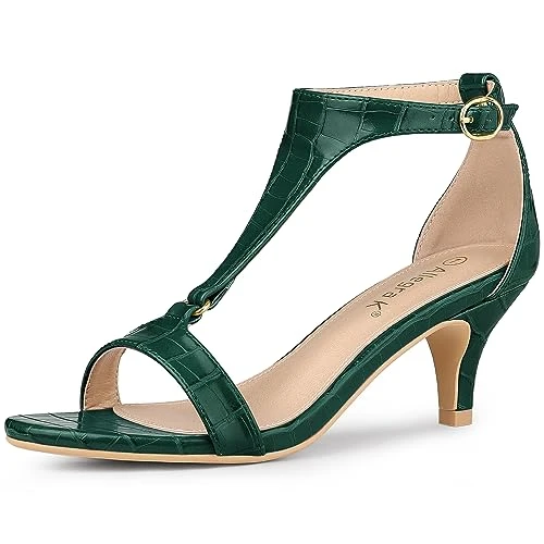 Women's T Strap Embossed Kitten Heel Sandals Dark Green 5 UK/Label Size 7 US