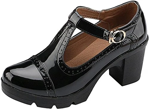 Women's T-Strap Platform Court Shoes Mid Heel Mary Jane Oxfords Dress Shoes Black 4.5 UK