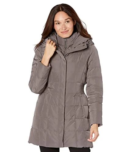 Women's Taffeta Down Coat with Bib Front and Dramatic Hood, Carbon, L