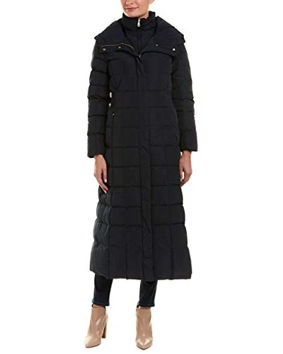 Women's Taffeta Quilted Long Down Coat, Navy, XS