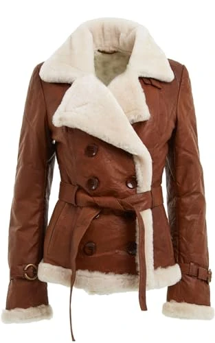 Women’s Tan Double Breasted Real Shearling Sheepskin Leather Pea Coat S