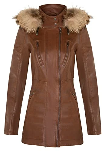 Women's Tan Leather Parka Jacket Quilted Detachable Hooded Trench Coat M