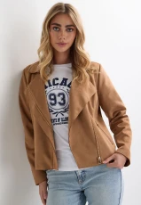 Womens Tan Suedette Biker Jacket Womens Tan Suedette Biker Jacket