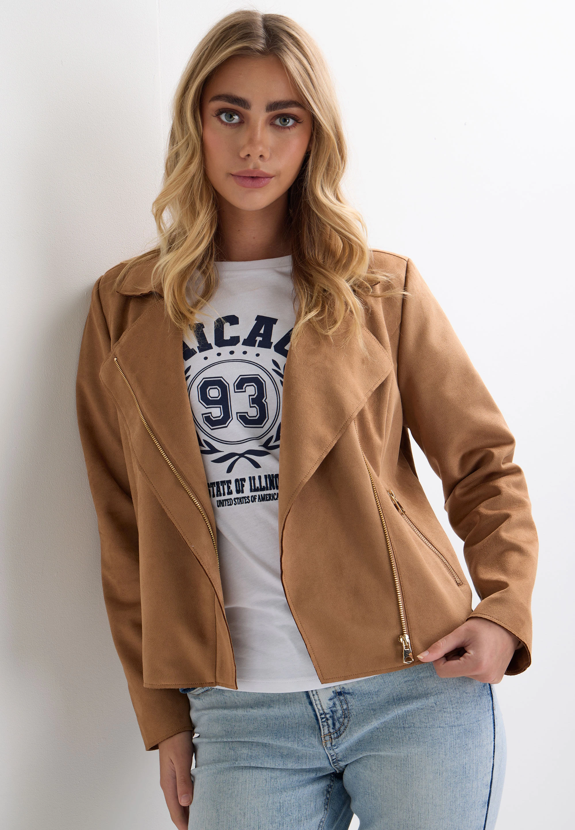 Womens Tan Suedette Biker Jacket