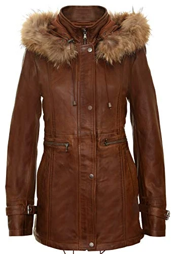 Women's Tan Warm Leather Jacket Detachable Hooded Parker Trench Coat XS