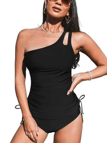 Women's Tankini Set Two Piece Swimsuit Tummy Control Swimming Costume One Shoulder Drawstring Top wi