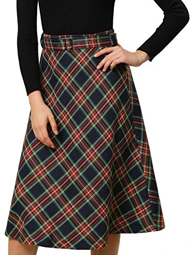 Women's Tartan Plaid High Waist Belted Vintage A-Line Midi Skirt Dark Blue 12