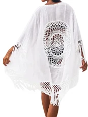 Women's Tassel Long Kimono Cardigans Beach Swimsuit Bikini Cover Up White One Size