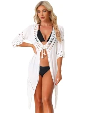 Women's Tassel Swimsuit Kimono Tie Front Flowy Beach Bikini Crochet Cardigan White S