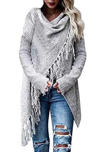 Women's Tassels Irregular Hem Long Sleeve Solid Color Knitted Jumper Waterfall Cardigan Poncho Cape 