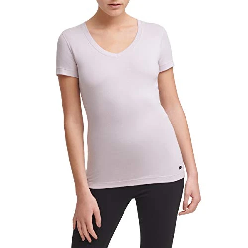 Women's Tee Shirt, Wren Pale Pink V-Neck with Small Logo Detail at Hem, Medium