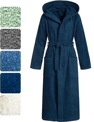 Women's Terry Towelling Bathrobe 100% Cotton with Hood Long Oeko-Tex, navy, S