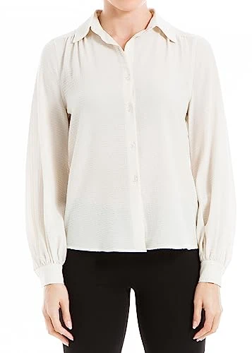 Women's Text Grid Button Front Collared Blouse, Eggshell, L