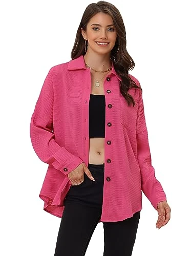 Women's Texture Button Down Shirt Long Sleeve Drop Shoulder Casual Blouse Hot Pink XL