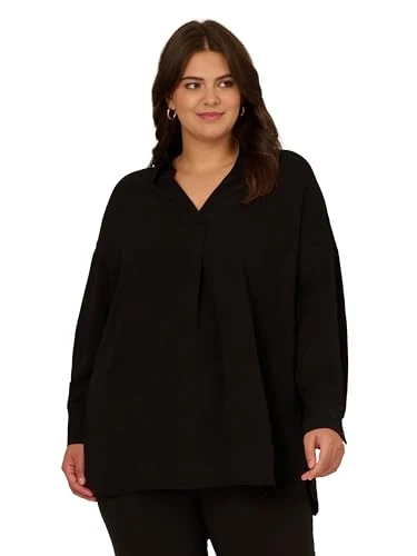 Women's Textured Airflow V-Neck Johnny Collar Blouse, Black, 3X