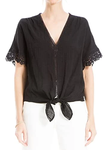 Women's Textured Cotton Tie Waist Top Blouse, Black, XS