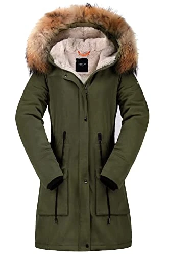 Women's Thicken Fleece Lined Parka Winter Coat Hooded Jacket with Removable Fur Collar Olive Drab XL