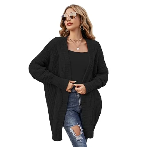 Women's Thickened Loose Fit Mid-Length Cardigan Jumper Black
