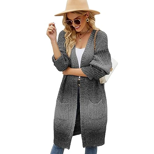Women's Thickening Gradient Long Knit Cardigan with Pockets Black