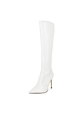 Women's Thigh High Boots with Elastic Stiletto Heel Pointed Side Zip K2041 (White, Numeric_38)