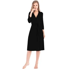 Women's Thin Cotton Dressing Gown Kimono Robes V-Neck 3/4 Sleeve Long Night Cardigan Black SN07421 XXL