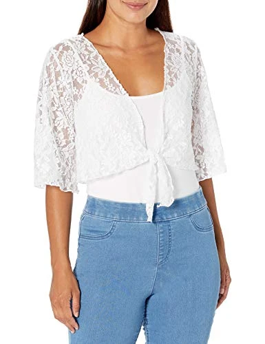 Women's Tie Front Lace Shrug Cardigan Sweater, White, 4X