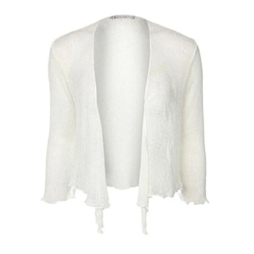 Womens Tie Up 3/4 Sleeve Ladies Fine Knit Bolero Cropped Stretchy Shrug Top 8-14, One Size 8-14, Cream - Summer Tie Knot Shrug