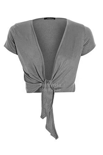 Womens Tie Up Front Cap Sleeve Bolero Colour Shrug Cardigan Wrap Ladies Top 8-14[Grey,S/M (8-10)]