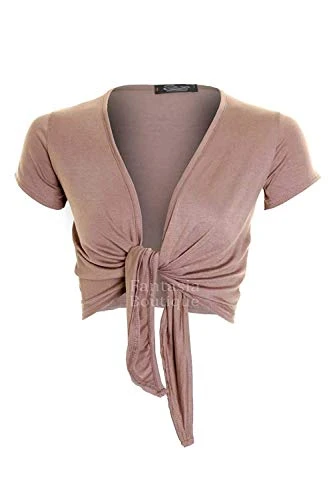 Womens Tie Up Front Cap Sleeve Bolero Colour Shrug Cardigan Wrap Ladies Top 8-14[Mocca,S/M (8-10)]