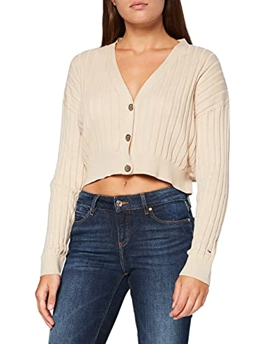 Women's TJW Crop Essential Rib Cardigan Sweater, Smooth Stone, XL