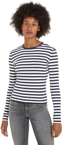 Women's Tjw Essential Rib Stripe Top Ls L/S Knit Tops, Dark Night Navy / Multi, XXS